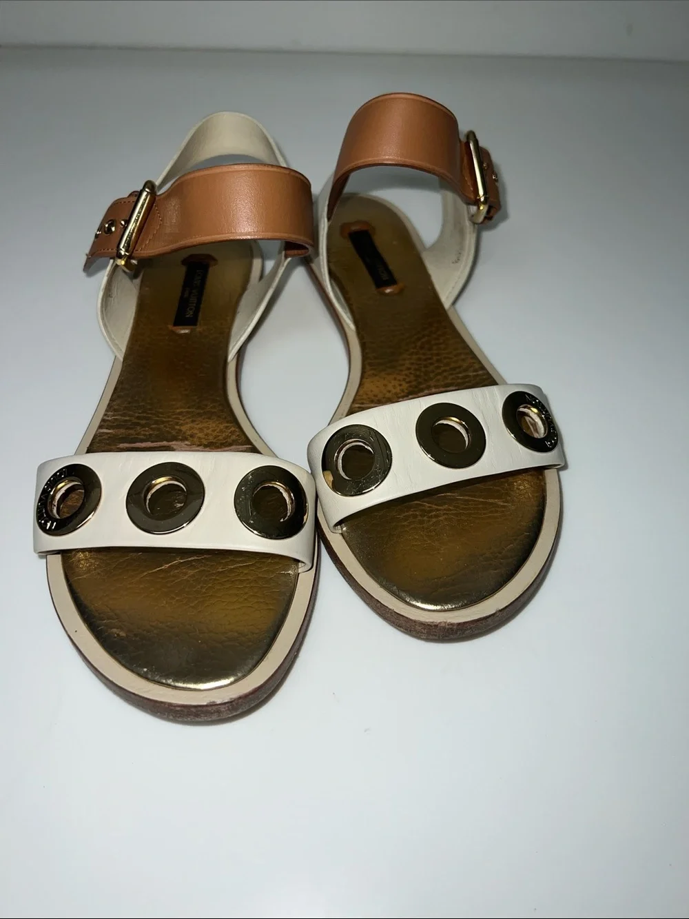 Louis Vuitton Women's gold and White Grommet Sandals - Picture 2 of 6